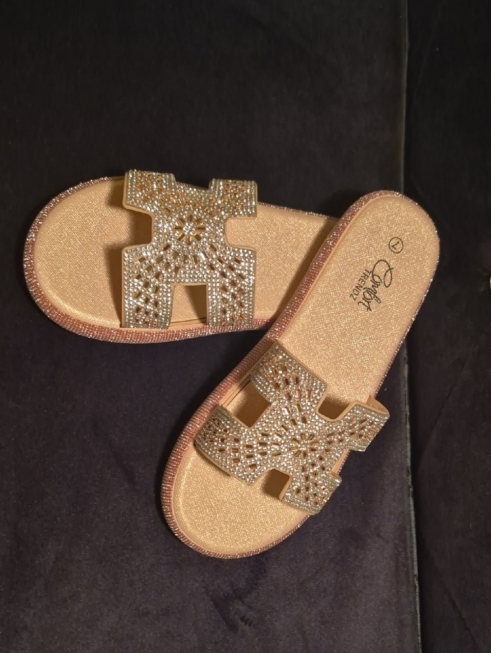 Crystal Embellished Gold Slide Sandals - Women